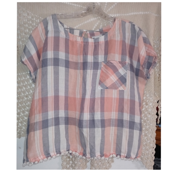 Neutral Check Print Linen Cotton Blend Gray White Peach Orange Top Size Large● - Picture 3 of 16
